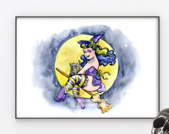 Pin Up Witch A4 size Wall Art Print - Wicca Horror Ink Illustration- Inspired by Pagan, Burlesque, Rockabilly & Tattoo culture.