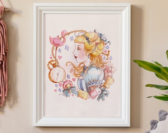 Alice in Wonderland A4 size Wall Art Print- Steampunk Fairytale Watercolour - Victorian home decor - gifts for booklovers