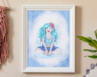 Blue Yoga Throat Chakra Wall Art Print - A4 Size - Boho Illustration - Celebrating Plus Sized Curvy Women