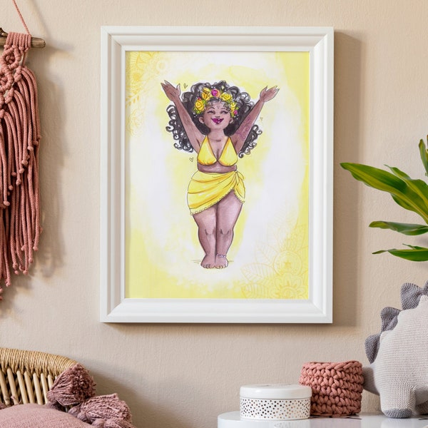 Yellow Yoga Solar Plexus Chakra Wall Art Print - A4 Size - Boho Illustration - Celebrating Plus Sized Curvy Women