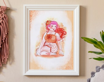 Orange Yoga Sacral Chakra Wall Art Print - A4 Size - Boho Illustration- Celebrating Plus Sized Curvy Woman