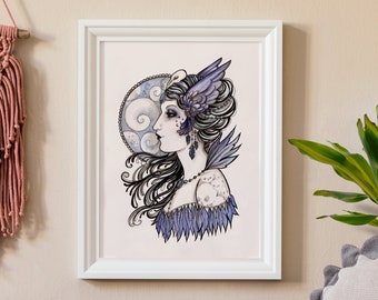 Mystic Raven A4 size Wall Art Print- Gothic Lady Ink & Watercolour Art Nouveau Tattoo Inspired Fantasy Illustration. Purple Black Goth Art