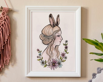 March Hare A4 size Wall Art Print- Alice in Wonderland Boho Rabbit Ink & Watercolour Art Nouveau Tattoo Inspired Fantasy Illustration