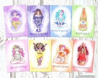 Gifts for Yoga Lovers - Body Positive Art Postcard Set, 8x Positive Affirmation Cards, Chakra rainbow, Spiritual Gifts for Yogis.