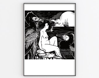 Siren, limited edition prints, A3 print, sirencore, mythology, mythical gift, greek goddess, pagan gifts, feminist print, black and white