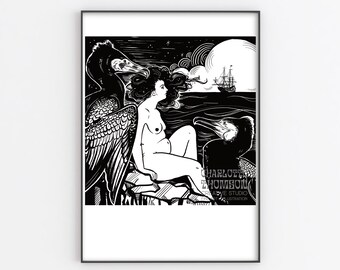 May include: Black and white illustration of a woman sitting on a rock with two cormorants. The woman is nude and has long flowing hair. The cormorants are perched on the rock and have their wings spread out. The background is a dark sea with a ship sailing in the distance. The text "CHARLOTTE THOMSON ART STUDIO ILLUSTRATION" is at the bottom of the image.