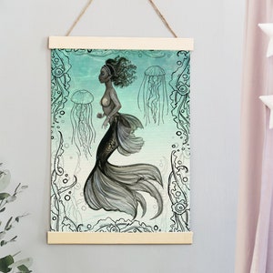 Black Mermaid A4 size Wall Art Print - Nautical Bathroom - Fantasy Watercolour Illustration