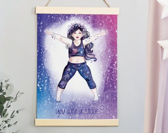 Wall Art Print Yoga Lady Purple Galaxy Star Space - A4 Size - Positive Affirmation - Celebrating Plus Sized Curvy Woman