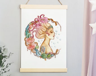 A4 size Wall Art Print - Black Mermaid Octopus Art, for Nautical Bathroom, inspired by tatto art. Gifts for ocean lovers.