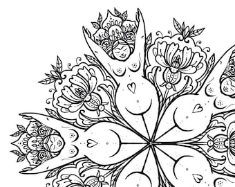 Page de coloriage adulte. Déesse Mandala Mindfulness Mandala Plus Size Woman (fichier PDF et JPEG imprimable à colorier)