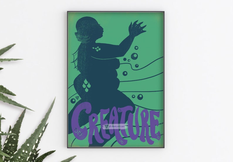 A4 Horror Art Print Creature from the Black Lagoon Inspired Sea Monster Plus Size Halloween Poster Wall Decor Gothic image 1