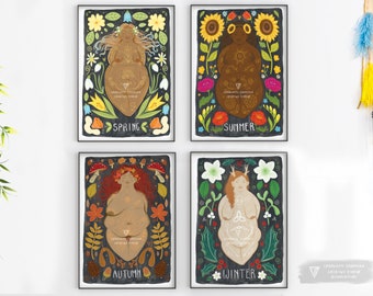 Fat Goddess Seasons Art Prints Set, Witch Decor, Pagan Gifts - A5 Size - Wiccan Goddess Art - Body Positive Witchy gift