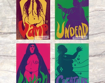 Horror Art Prints, set of 4x A5 prints. Vampire, Witch, Sea Monster, Undead Bride, Giallo and Classic Universal inspired artwork.