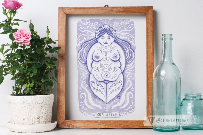 Sea Witch Pagan Art Print A4 Size Plus size Ocean Goddess in shades of Blue. image 4