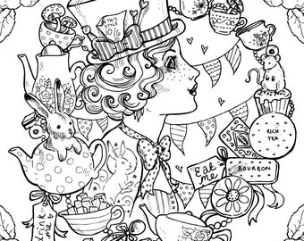 Coloriage adulte. Le Chapelier fou d'Alice au pays des merveilles. Tatouage victorien gothique steampunk (téléchargement instantané des fichiers PDF et JPEG à colorier)