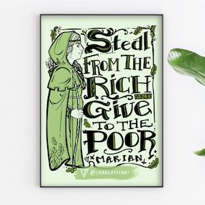 Robin Hood Maid Marian A4 Art Print, Nottingham, Political art gifts, Feminist, Anti Tory Print For Home decor. Steal from the Rich.