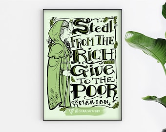 Robin Hood Maid Marian A4 Art Print, Nottingham, Political art gifts, Feminist, Anti Tory Print For Home decor. Steal from the Rich.