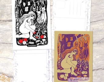Samhain Halloween - A6 Postcards Set of 2 - Celtic Pagan Wheel of the Year Illustration Mini Prints - Folk Horror Witch Goddess Goblincore.