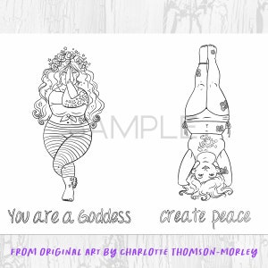 Peut inclure: Dessin au trait en noir et blanc de deux figures en poses de yoga. L'une est assise, les mains jointes en pri&egrave;re, l'autre est en &eacute;quilibre sur la t&ecirc;te. Le texte dit "You are a Goddess" et "create peace".