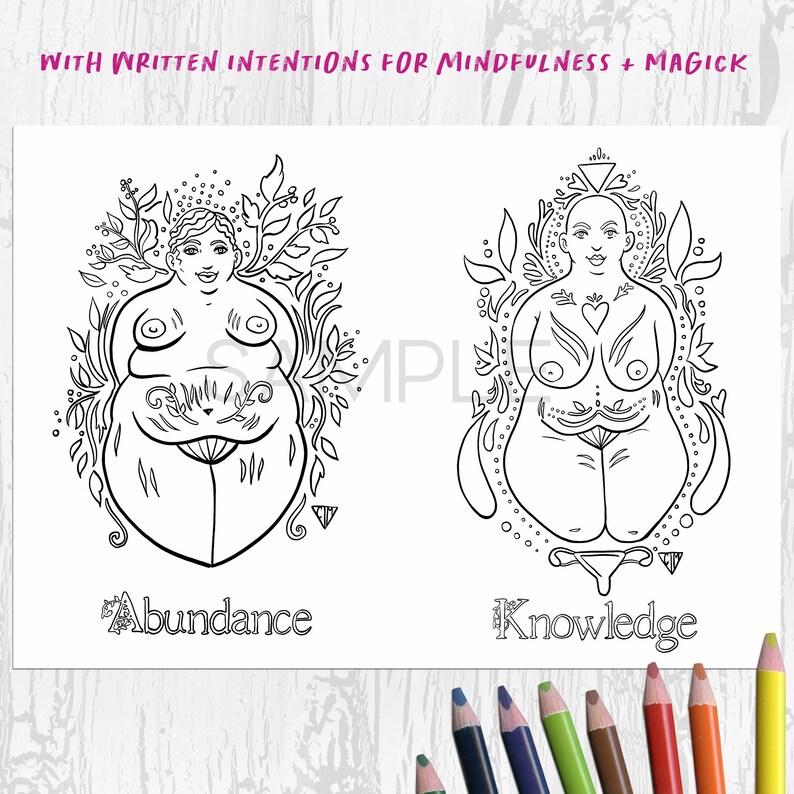 Goddess Colouring Book 5 body positive colouring pages Digital Download Printable Mindful Adult Coloring image 3