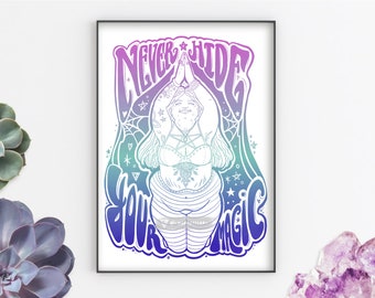 Hippy Rock Chick Wall Art Goddess A4 Art Print, Boho Decor, For Yoga lover, Wicca Witch Illustration, For Pagan, goth & Bohemian Home Decor