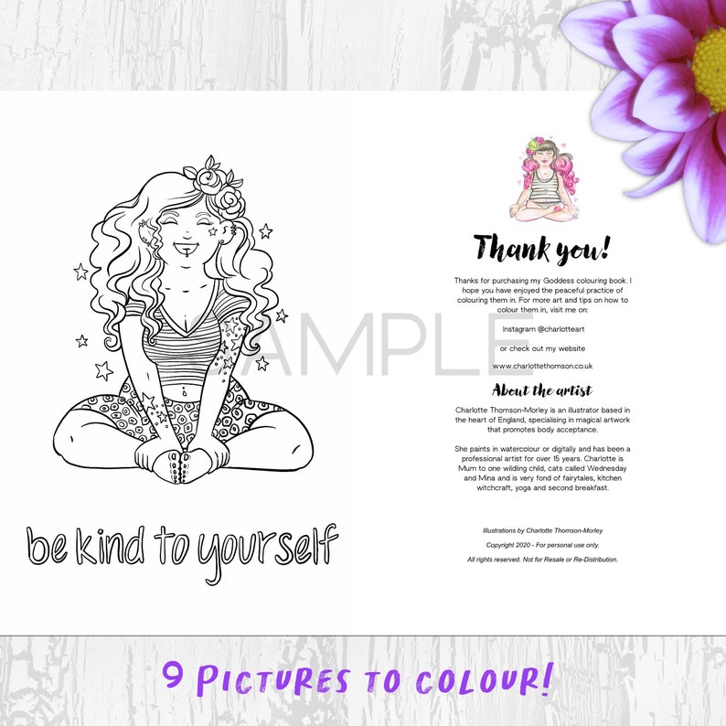 Peut inclure: Une page de livre de coloriage en noir et blanc avec une illustration de femme souriante, des &eacute;toiles et des fleurs. Le texte "be kind to yourself" est en dessous de l'illustration. Le livre contient &eacute;galement le texte "9 pictures to colour!"