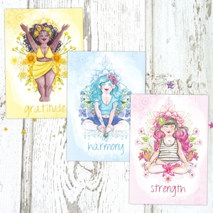 3 x Yoga Chakra Postcards avec affirmations positives - 3 cartes neutres en carbone aux couleurs arc-en-ciel - Curvy, Féministe, boho, dames tatouées!