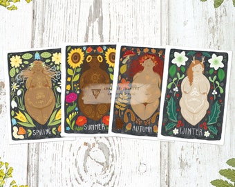 Fat Goddess Seasons Postcard Set, A6 Size, Witch Decor, Pagan Gifts - Wiccan Goddess Art - Body Positive Witchy gift