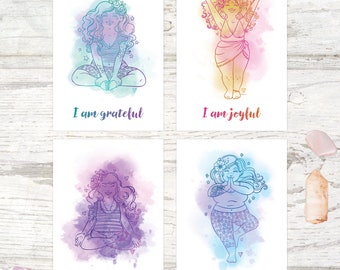 Gratitude Postcards of Yoga Watercolour Art - A6 Size -  Plus Size Women with Body Positive Affirmation - Fat Art