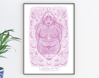 Crystal Witch Gemstone Wicca Pagan Art Print - A4 Size - Pink Plus Size Body Positive Goddess.