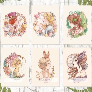 6 Postcards Vintage, Cottagecore Art, Victorian,  Octopus Mermaid, Alice in Wonderland, Absinthe Fairy, March Hare and Gothic Raven