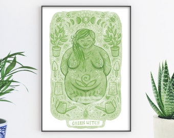 Green Witch Body Positive Pagan Art Print - A4 Size - For Home decor - Gardening & Herbs Cottagecore Painting of a Body Positive Goddess.