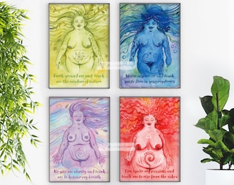 Witch Decor Art Prints Set - Pagan Gifts - A5 Size - Wiccan Altar Cards - Goddess Art - Body Positive Witchy gift Elements.