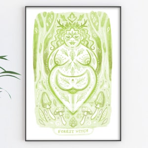 Pagan Art Print Forest Witch A4 Size Woodland Illustration For Home decor Pagan Goblincore Painting of a Body Positive Goddess. image 1
