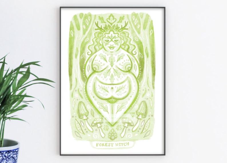 Pagan Art Print Forest Witch A4 Size Woodland Illustration For Home decor Pagan Goblincore Painting of a Body Positive Goddess. image 1