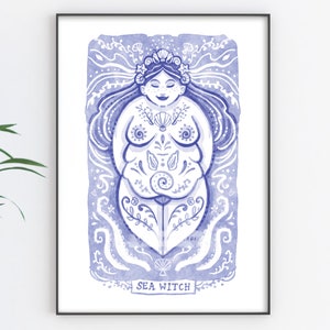 Sea Witch Pagan Art Print A4 Size Plus size Ocean Goddess in shades of Blue. image 1