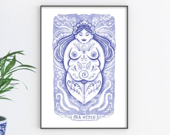 Sea Witch Pagan Art Print - A4 Size - Plus size Ocean Goddess in shades of Blue.