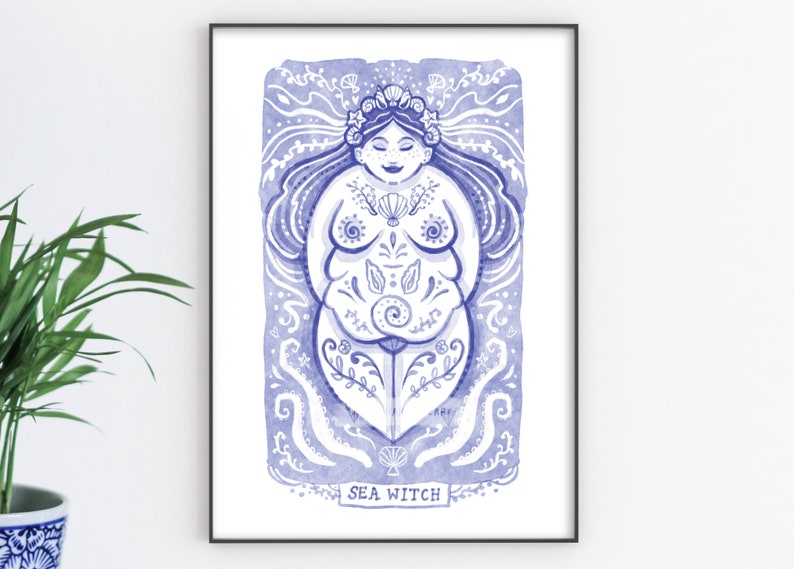 Sea Witch Pagan Art Print A4 Size Plus size Ocean Goddess in shades of Blue. image 1