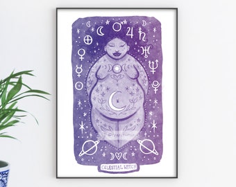 Celestial Witch - Folk Art Print A4 Size - Astrology Illustration For Home decor - Purple Body Positive Goddess.