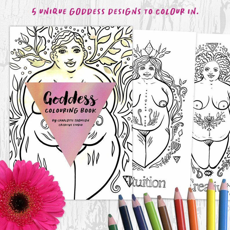 Goddess Colouring Book 5 body positive colouring pages Digital Download Printable Mindful Adult Coloring image 1