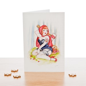 A6 Greeting Card - Little Red Riding Hood - Fairytale Retro Tattoo Inspired Pin Up Watercolour Art - Imprimé sur Ethical Recycled Card