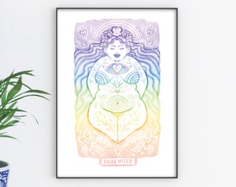 Pride Rainbow Witch Art Print - A4 Size - Body Positive Home decor for Queer Witch, Gift for LGBQTI+ Friend, Pagan art, Witchcraft Wall Art.