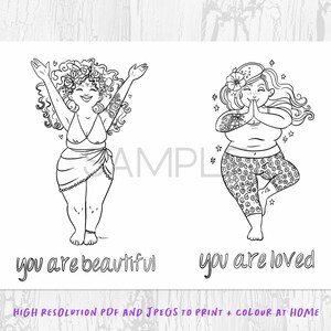 Peut inclure: Dessin au trait en noir et blanc de deux personnages avec des tatouages et des d&eacute;tails floraux. L'un l&egrave;ve les bras, avec le texte "you are beautiful" en dessous. L'autre est en posture de yoga, avec le texte "you are loved". Le texte du bas indique "HIGH RESOLUTION PDF AND JPEGS TO PRINT + COLOUR AT HOME".