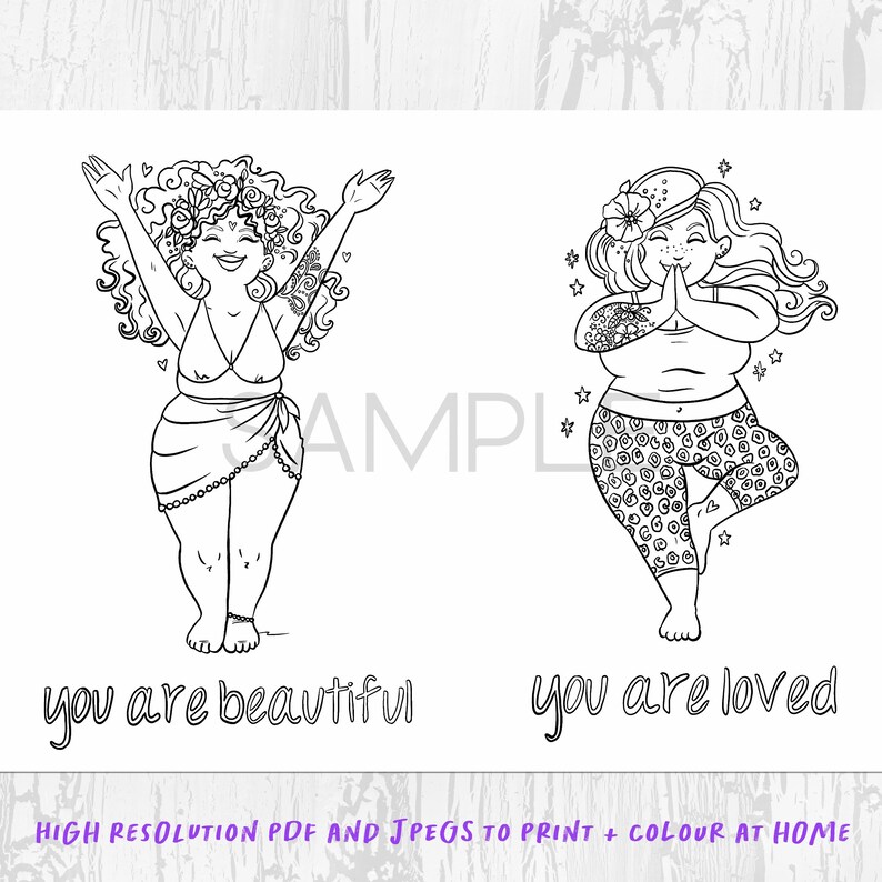 Peut inclure: Dessin au trait en noir et blanc de deux personnages avec des tatouages et des d&eacute;tails floraux. L'un l&egrave;ve les bras, avec le texte "you are beautiful" en dessous. L'autre est en posture de yoga, avec le texte "you are loved". Le texte du bas indique "HIGH RESOLUTION PDF AND JPEGS TO PRINT + COLOUR AT HOME".