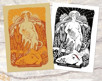 May include: A vintage-style illustration of a woman standing in a field of wheat, holding a sheaf of wheat in her hands. The woman is wearing a floral crown and has long flowing hair. The illustration is in a warm orange and brown color palette. The text "LAMMAS - LUGHNASADH" is at the bottom of the illustration.