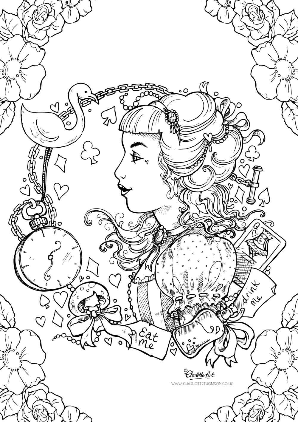 Adult Colouring Page. Alice in Wonderland Gothic Lolita Kawaii Victorian  Pin Up Girl Instant Download PDF and JPEG file for Coloring