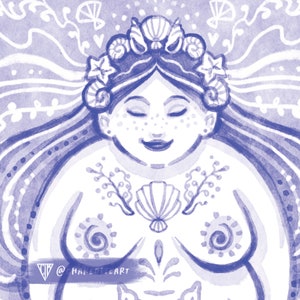 Sea Witch Pagan Art Print A4 Size Plus size Ocean Goddess in shades of Blue. image 3