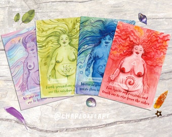 Elements Goddesses Set of 4 Postcards A6 Size - Watercolour Pagan Wiccan Divine Witch Plus Size Fat Women with Body Positive Affirmation