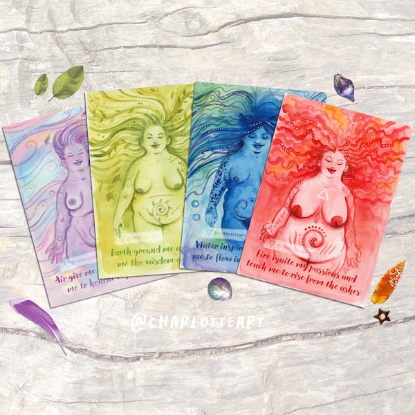 Elements Goddesses Set of 4 Postcards A6 Size - Watercolour Pagan Wiccan Divine Witch Plus Size Fat Women with Body Positive Affirmation