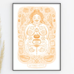 Kitchen Witch Art Print A4 Size - Plus size Cottagecore Goddess in shades of orange.